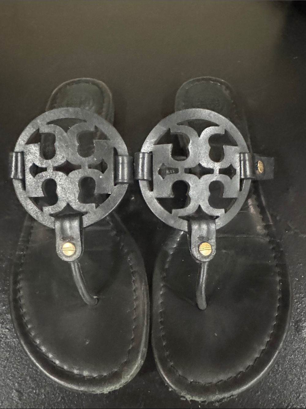 Tory Burch Black Leather Logo Cutout Thong Sandals